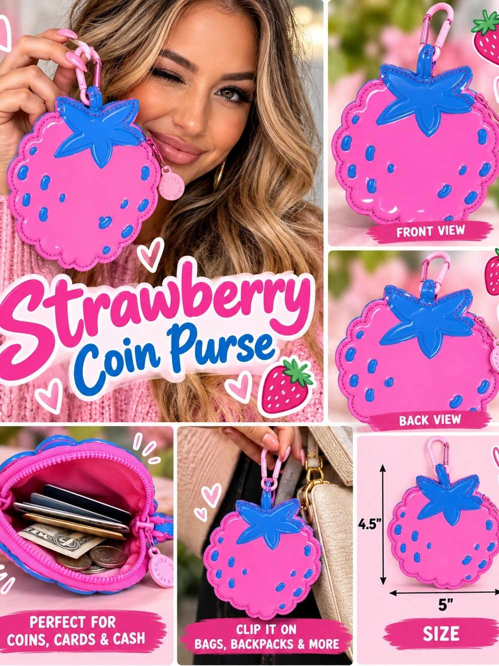 Bath & Body Works Pink Strawberry Coin Purse with Blue Top